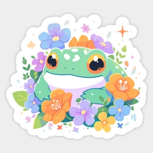 Froggy Kawaii Baby Frog With Beautiful Flowers Sticker